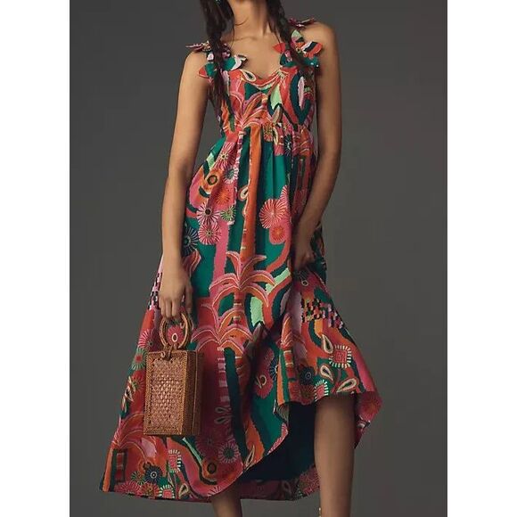 Farm Rio x Anthropologie Women's Sz XXS Multi Pleated Palm Midi Dress - Picture 15 of 16